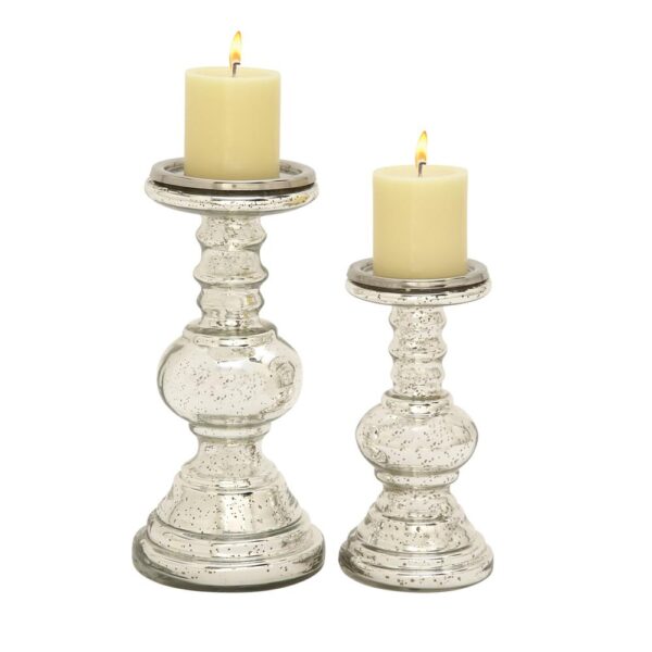 LITTON LANE Silver Glass Squat Ball Column Candle Holders (Set of 2)