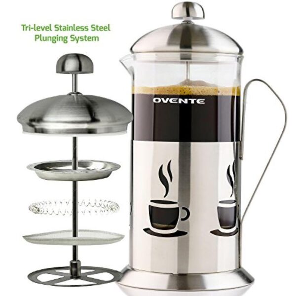 Ovente 4.25-Cup Silver Heat-Resistant Borosilicate Glass French Press Cafetiere Coffee and Tea Maker with Free Measuring Scoop