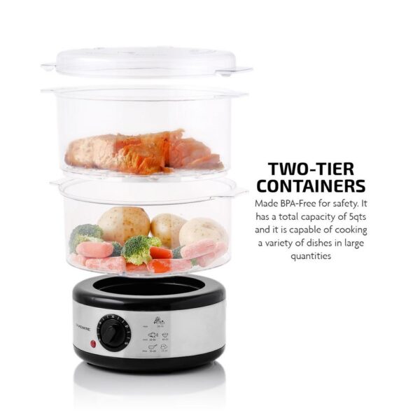 Ovente 20-Cup Silver 2-Tier Food Steamer with Stainless Steel Base and Plastic Containers