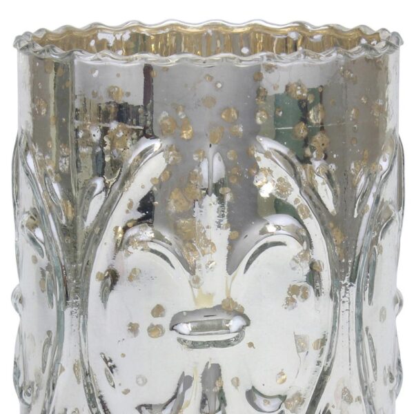 Stonebriar Collection 6.5 in. Antique Silver Glass Fluer De Lis Pillar Candle Holder