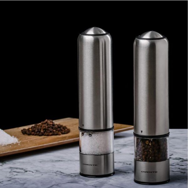 Ovente Stainless Steel with Ceramic Blades Electric Salt and Pepper Grinder Set, 6 AAA Battery Operated