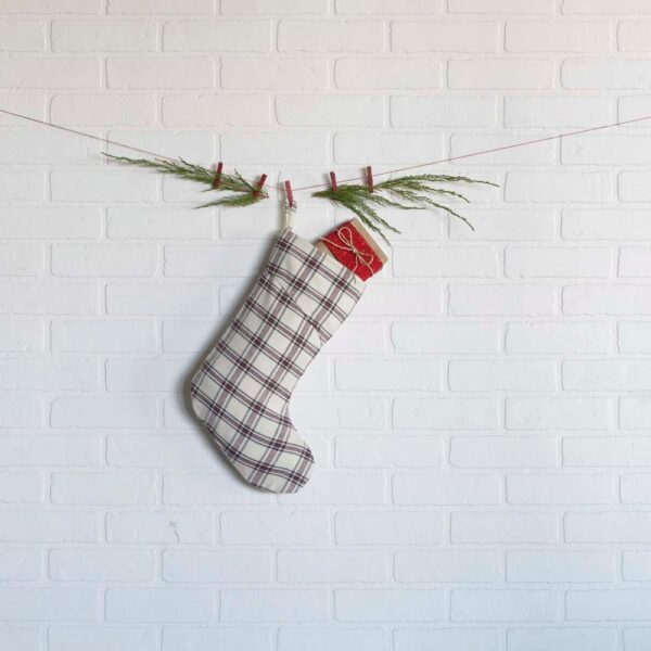 VHC Brands 15 in. 100% Cotton Amory Ivory White Farmhouse Christmas Decor Plaid Stocking
