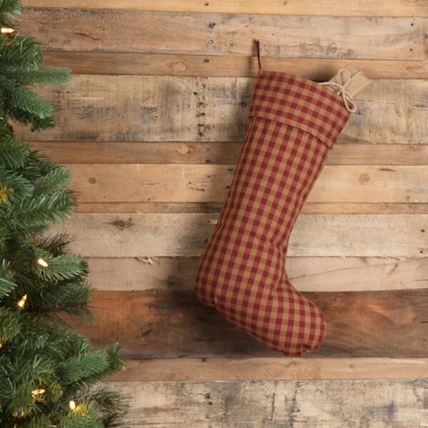 VHC Brands 20 in. Cotton Burgundy Check Red Primitive Christmas Decor Stocking