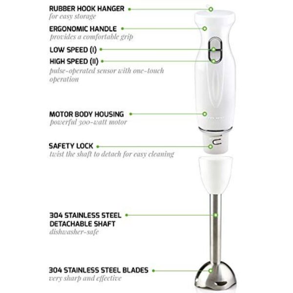 Ovente Immersion, 304-Grade Stainless Steel Blades, 300W Multi-Purpose Hand Blender Mixer, 2-Speed Settings