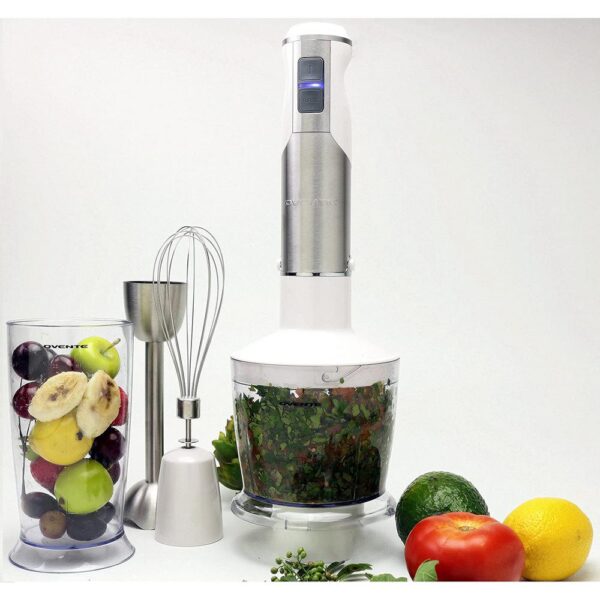 Ovente 6-Speed White Immersion Blender with Chopper and Whisk Attachment